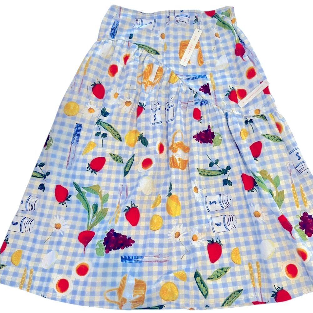 Lisa Says Gah Picnic Alfresco Basket Checker Fruit Midi Skirt NWT Large - Picture 3 of 10
